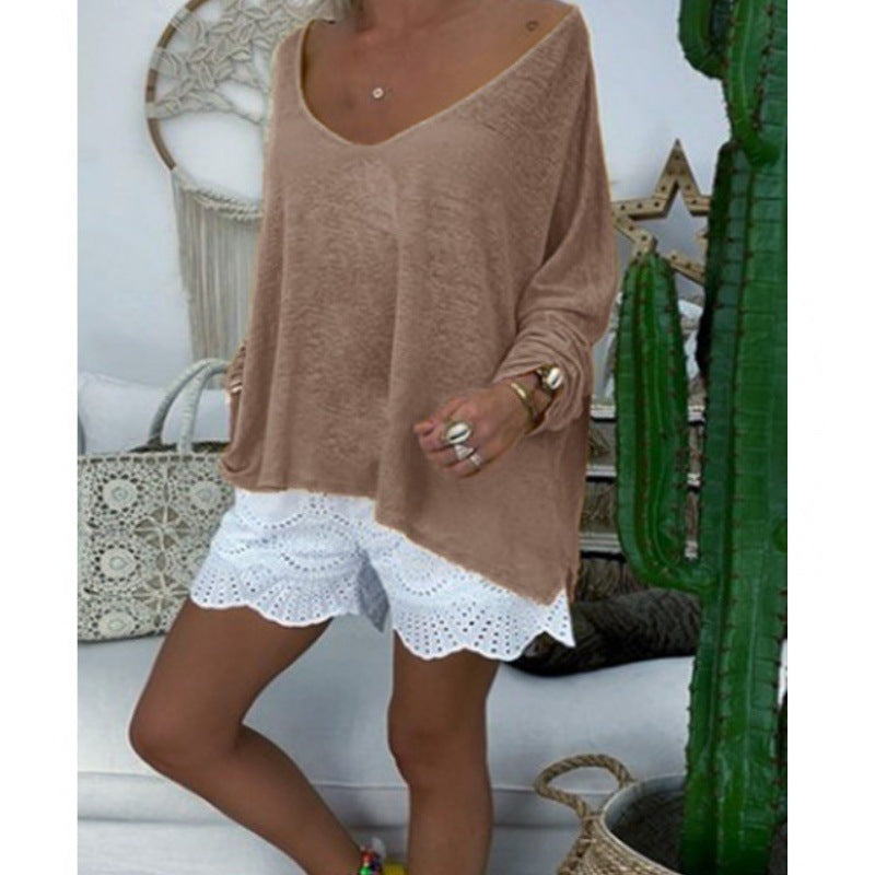 Damen lässiges Oversize-Shirt mit tiefem V-Ausschnitt und langen Ärmeln Drune