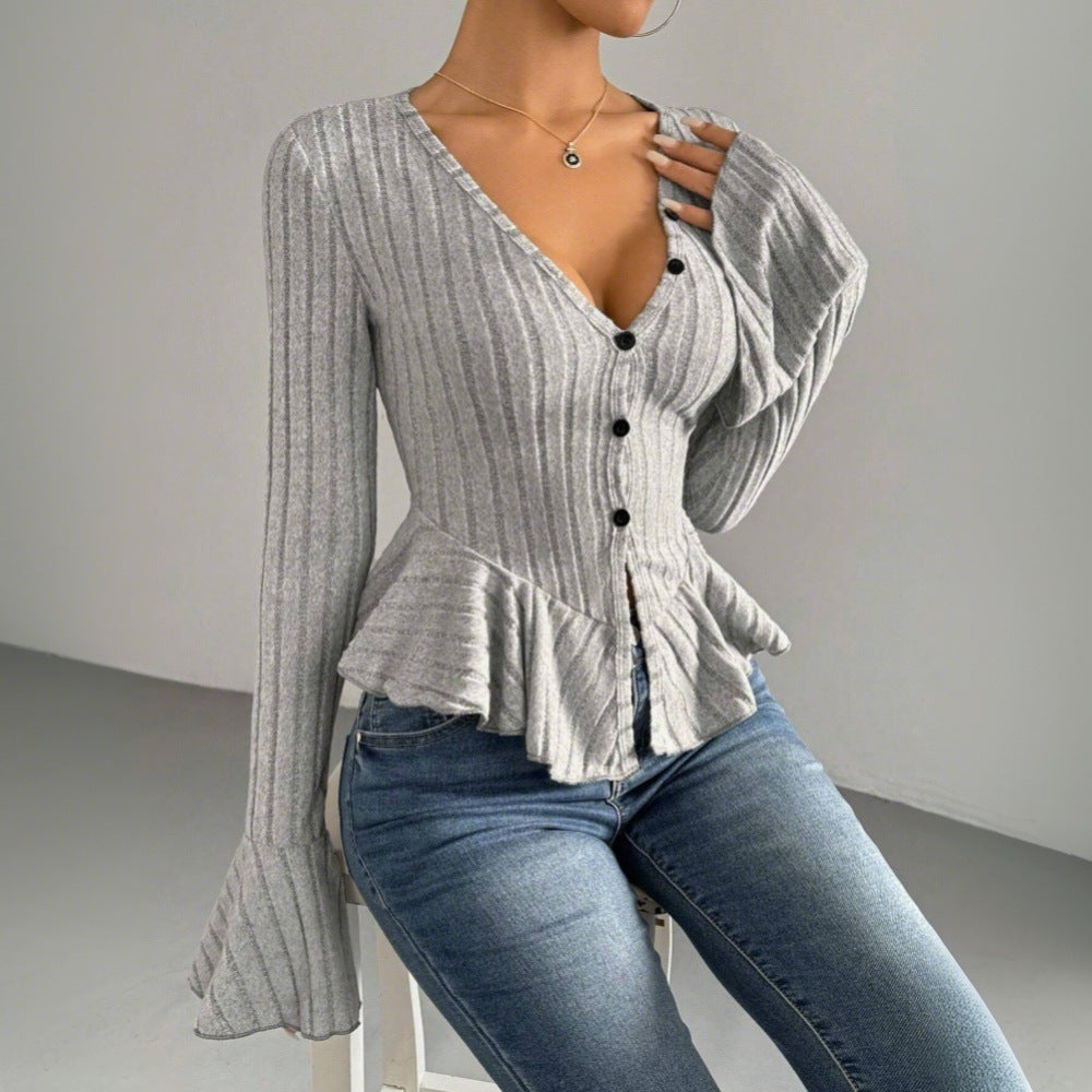 Damen modische Strickjacke mit taillierter Silhouette und dekorativen Rüschendetails Drune