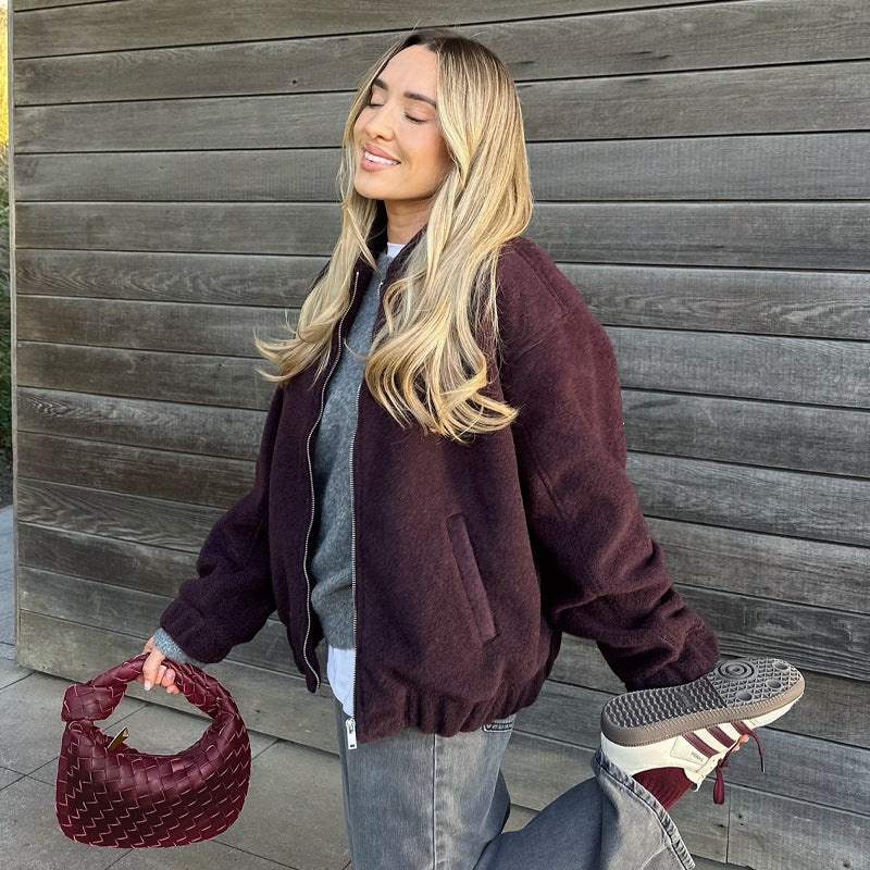 Damen Fleece-Bomberjacke mit elastischem Saum und praktischen Eingrifftaschen Drune
