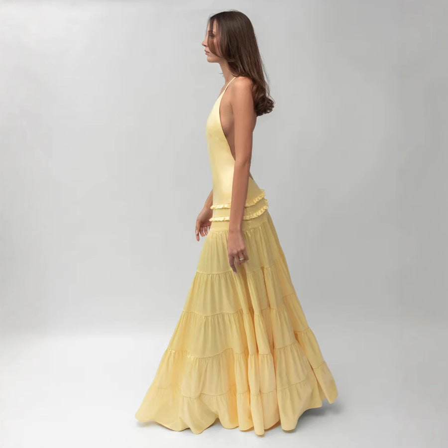 Damen elegantes asymmetrisches Maxikleid mit Rüschendetails Drune