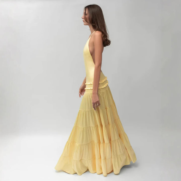 Damen elegantes asymmetrisches Maxikleid mit Rüschendetails Drune