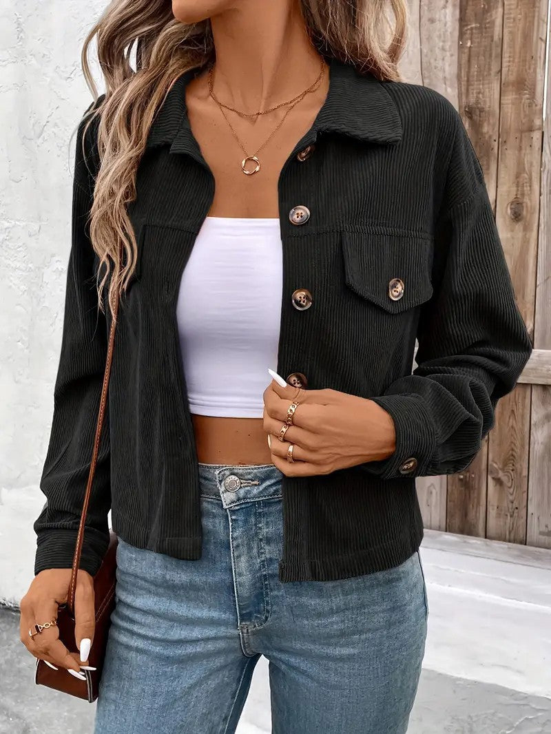 Damen lässige Cordjacke mit praktischen Taschen und modischen Knöpfen Drune