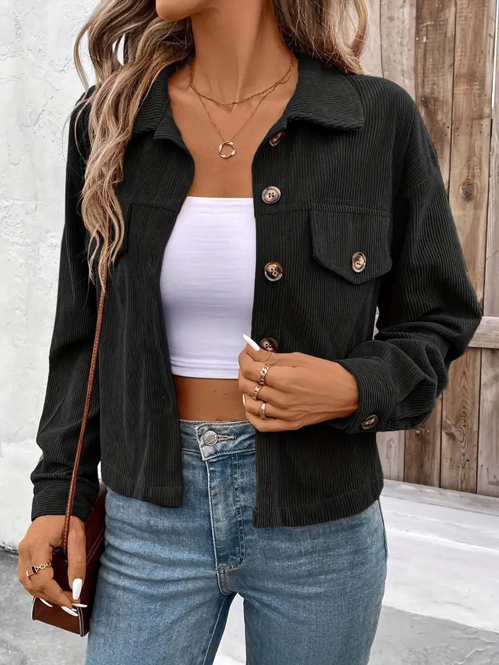 Damen lässige Cordjacke mit praktischen Taschen und modischen Knöpfen Drune