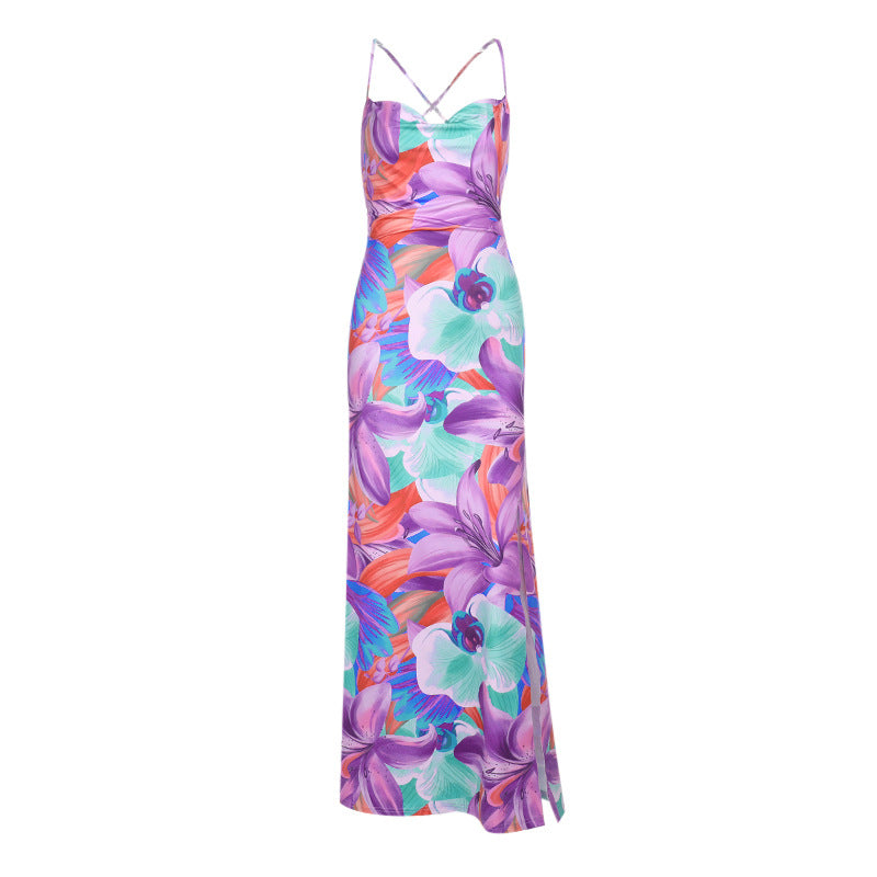 Damen Maxikleid mit floralem Druck und sexy hohem Schlitz Drune
