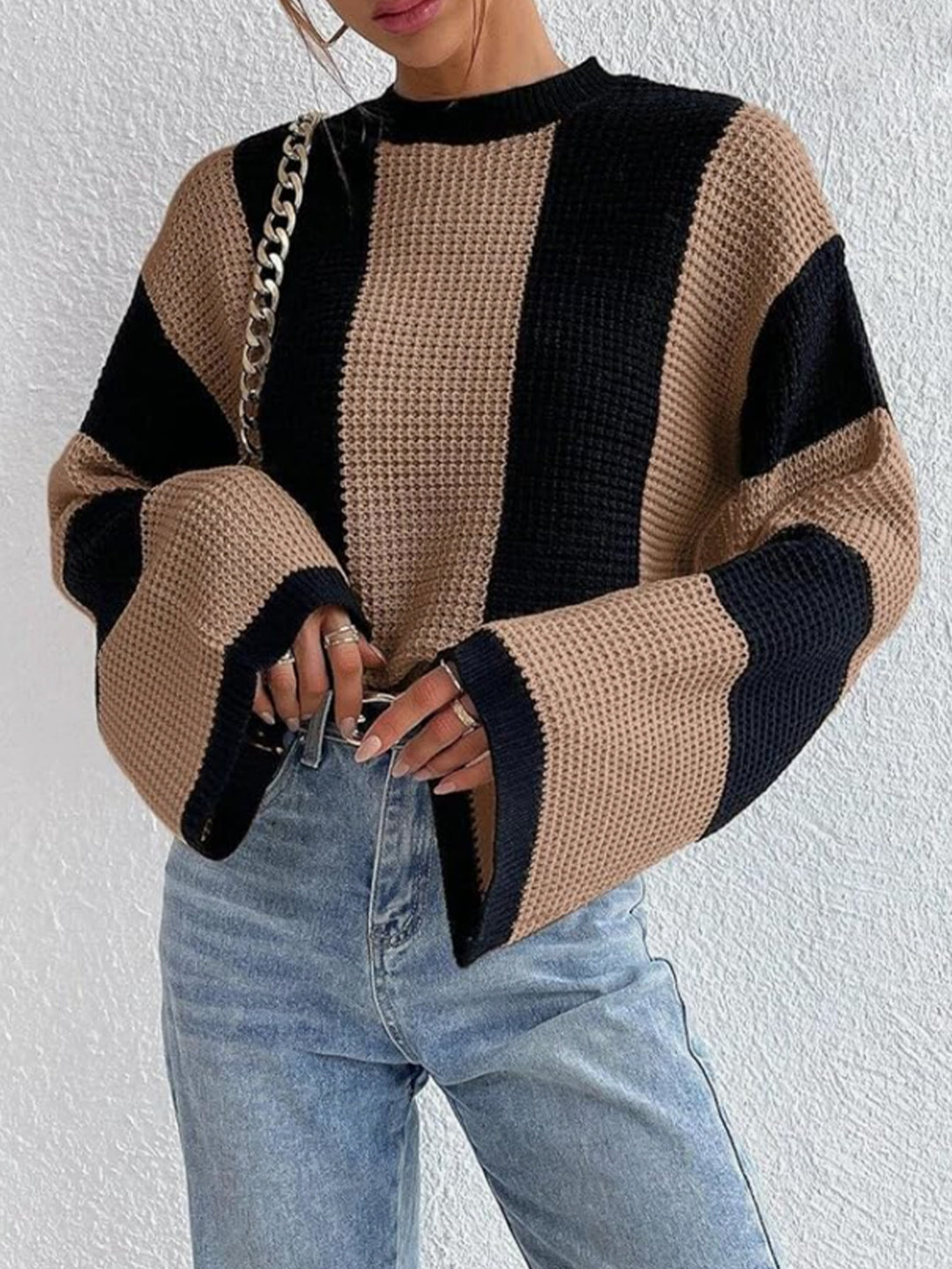 Damen lässiger Grobstrickpullover mit weitem Schnitt und Blockstreifen Drune