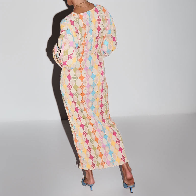 Damen Maxikleid mit auffälligem Rauten-Muster und voluminösenÄrmeln Drune