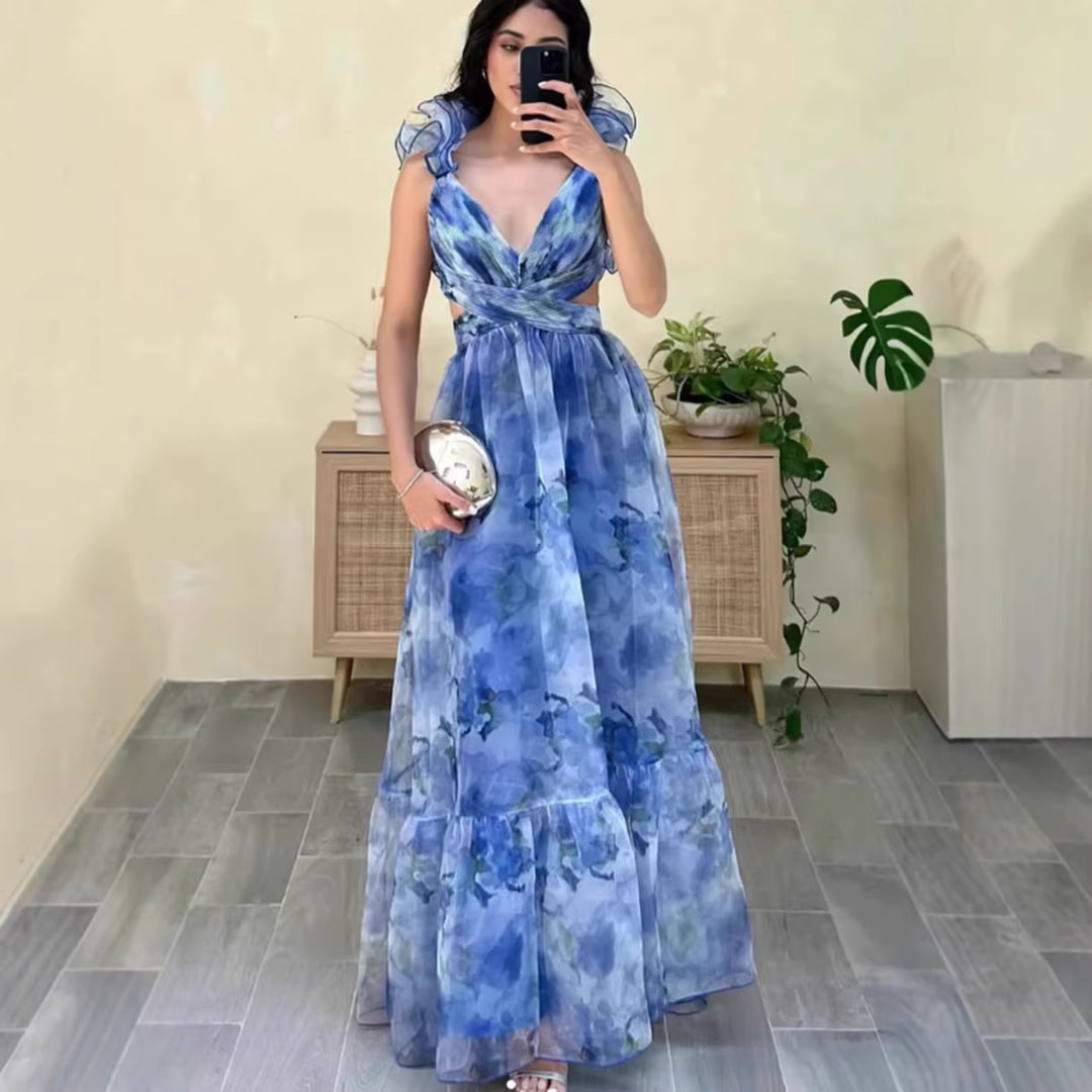 Damen Maxikleid im romantischen Vintage-Stil mit fließendem Rock und Rüschendetails Drune