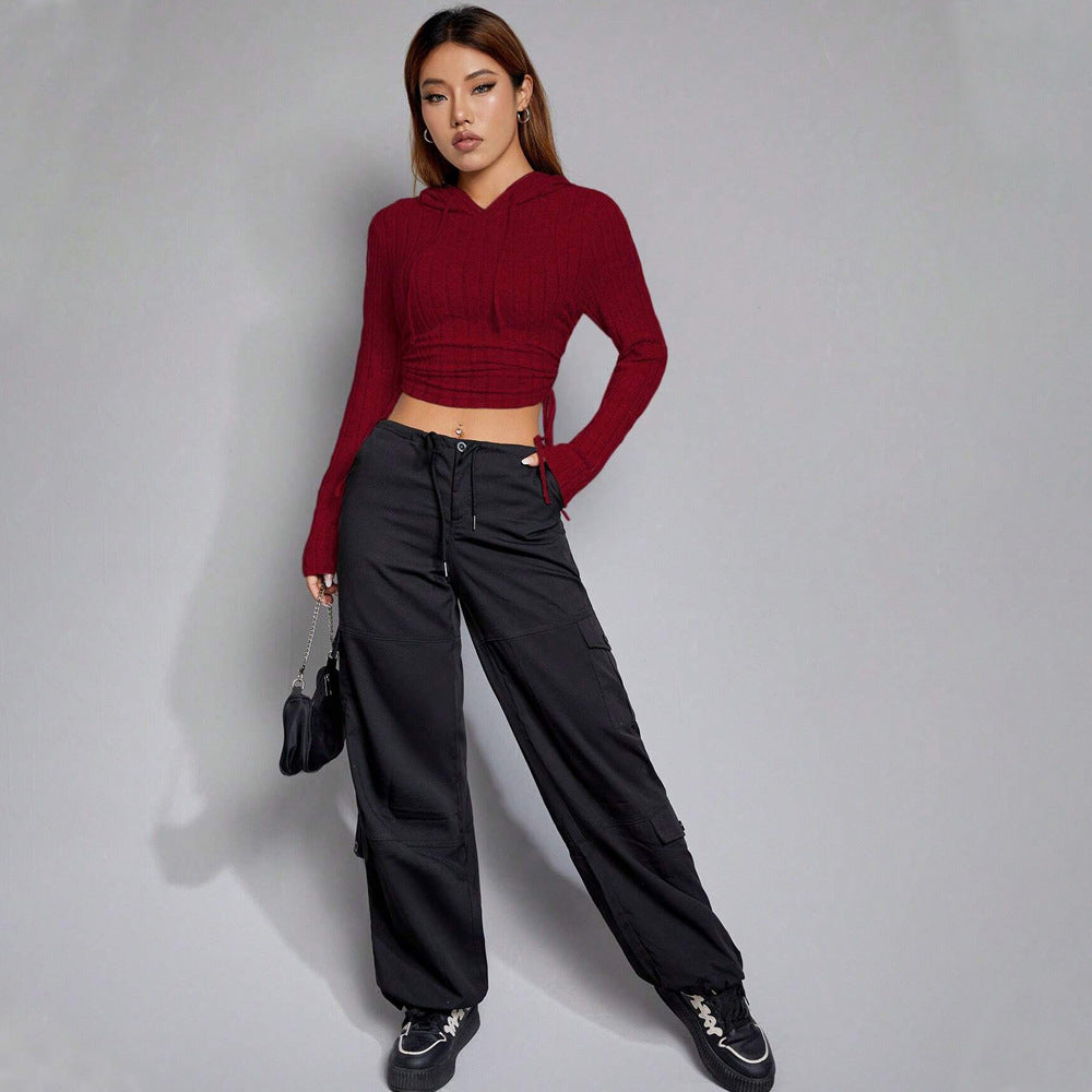 Damen Cropped Hoodie mit langen Ärmeln und elegantem Rippmuster Drune