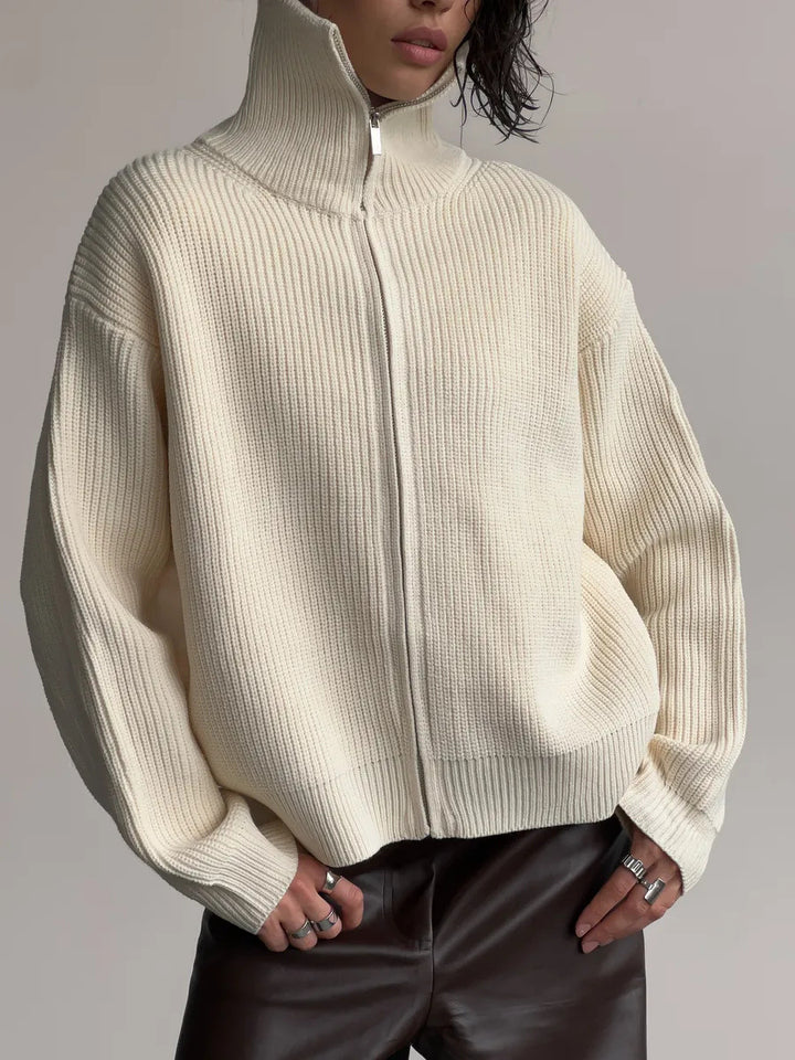 Damen modischer Grobstrickpullover mit hohem Kragen und durchgehendem Reißverschluss Drune