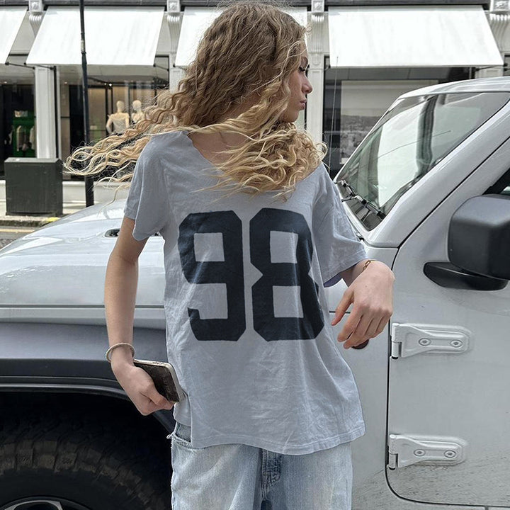Damen Sportliches V-Ausschnitt T-Shirt mit angesagtem Print Drune