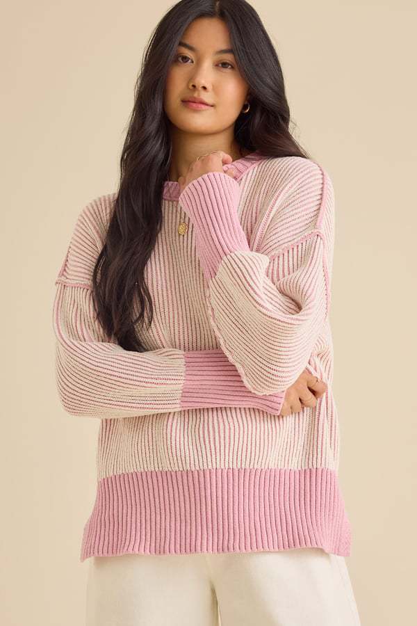 Damen lässiger Strickpullover mit modernem Rippenmuster und überschnittenen Schultern Drune