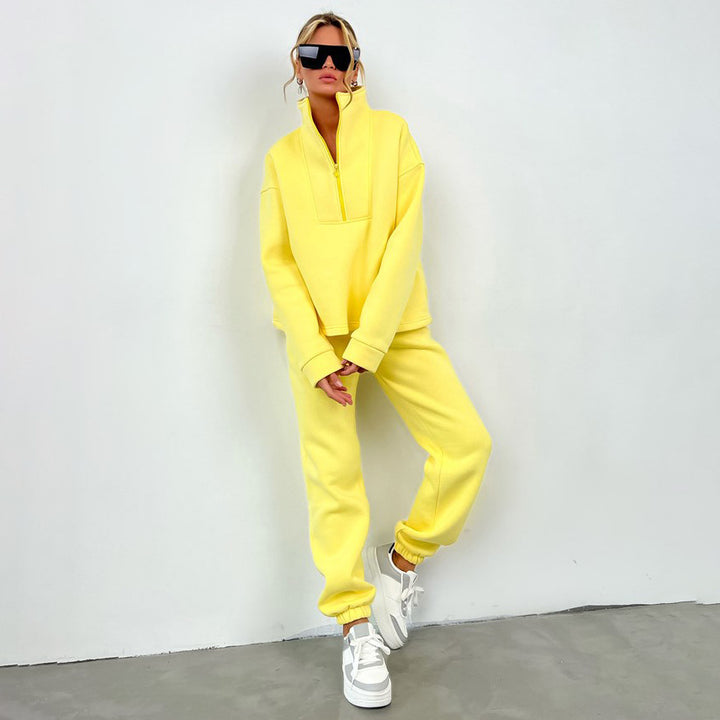 Damen nan weiches Oversize-Halbzip-Loungewear-Set mit hohem Stehkragen und taillierter Jogginghose Drune