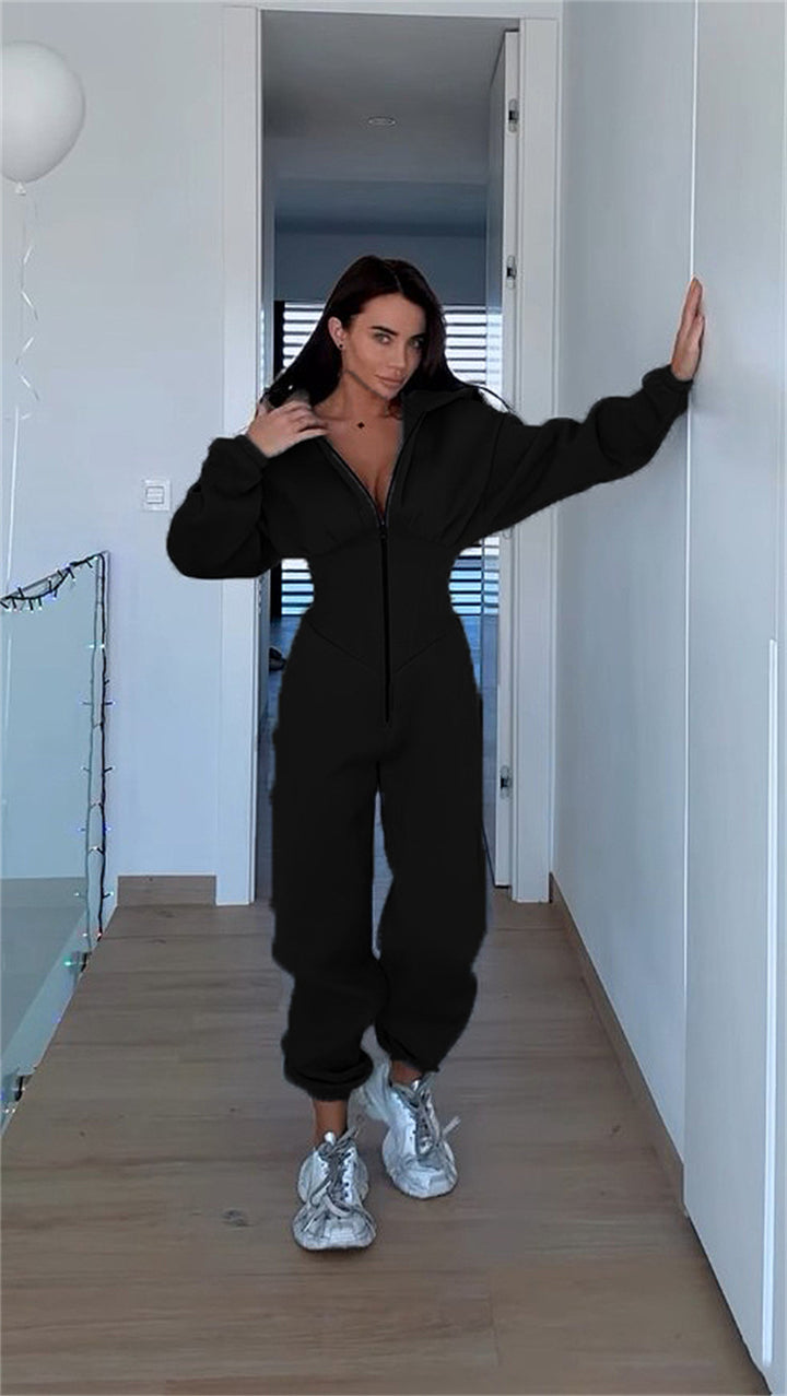 Damen Sportlicher Fleece-Jumpsuit mit hohem Kragen und trendiger Silhouette Drune