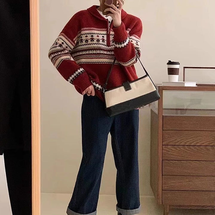 Damen Grobstrickpullover mit Kängurutasche und Stehkragen Drune