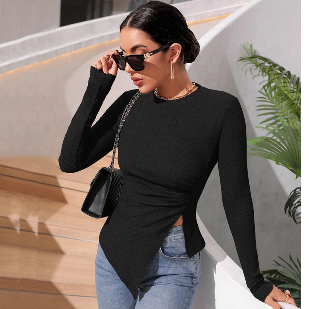 Damen langärmliges Wickeloberteil mit asymmetrischem Schnitt und eleganten Rüschen Drune