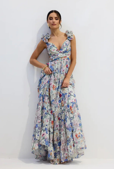 Damen Maxikleid im romantischen Vintage-Stil mit fließendem Rock und Rüschendetails Drune