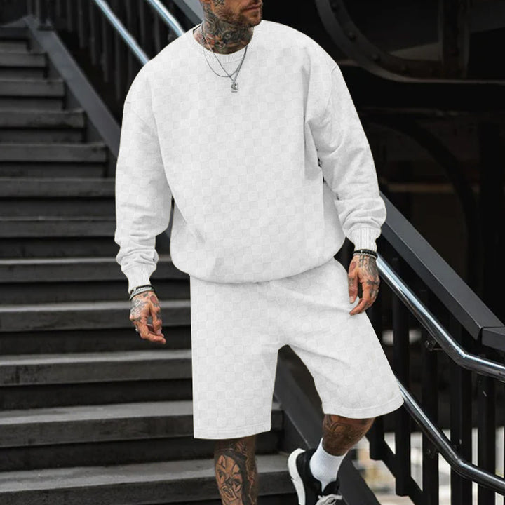 Herren nan oversized Waffelstrick-Lounge-Set mit Crewneck-Sweatshirt und knielangen Bermuda-Shorts Drune