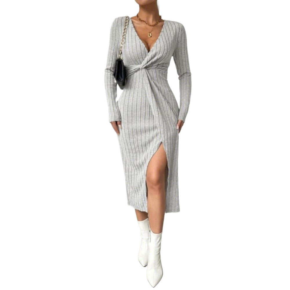 Damen figurbetontes Midi-Kleid mit Twist-Detail und seitlichem Schlitz Drune