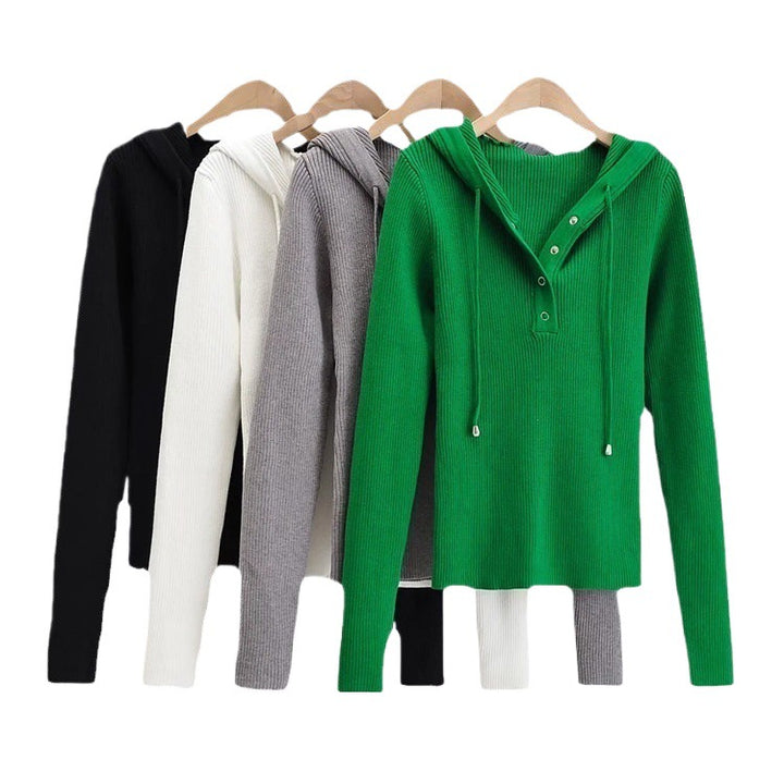 Damen lässiger Strickpullover mit Kapuze und Knopfleiste Drune