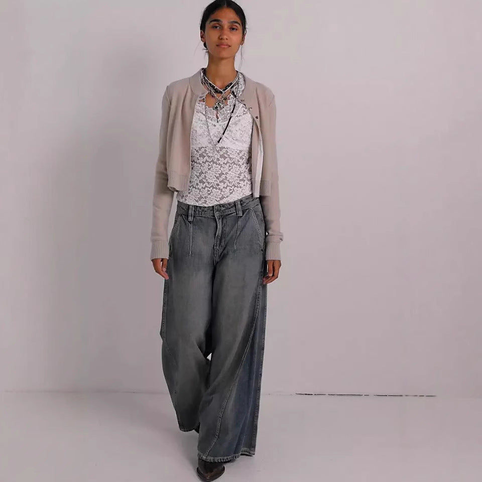Damen nan extraweite High‑Waist Palazzo-Jeans mit hohem Bund, tiefem Schritt und verwaschener Vintage-Optik Drune