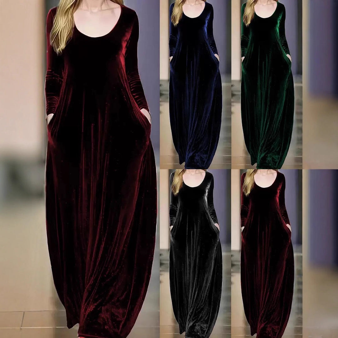 Damen Maxikleid aus samtigem Material mit praktischen Taschen Drune