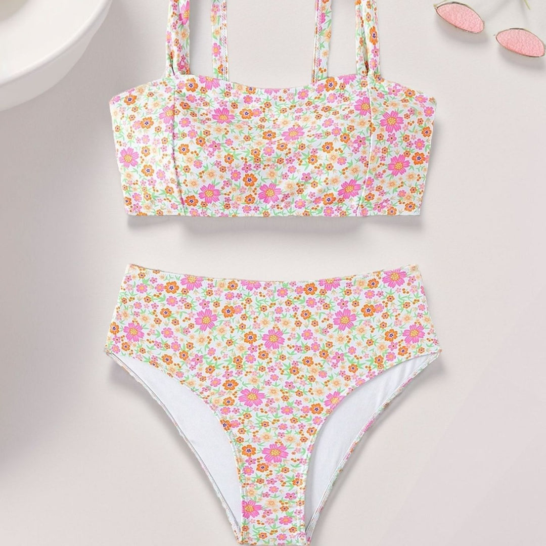 Damen Hochgeschnittenes Bikini-Set mit floralen Details und breiten Trägern Drune