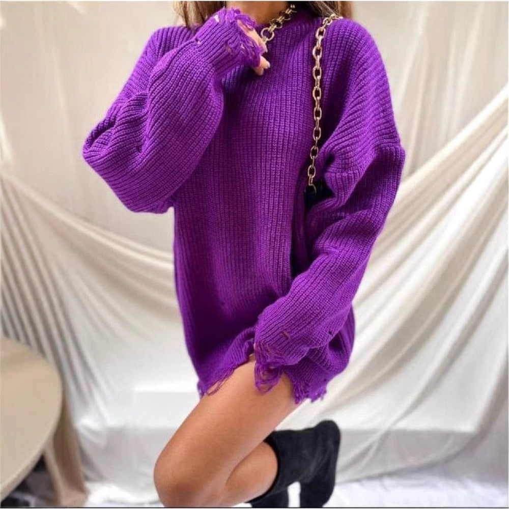 Damen lässiger Langpullover mit strukturiertem Rippdesign und offenen Säumen Drune