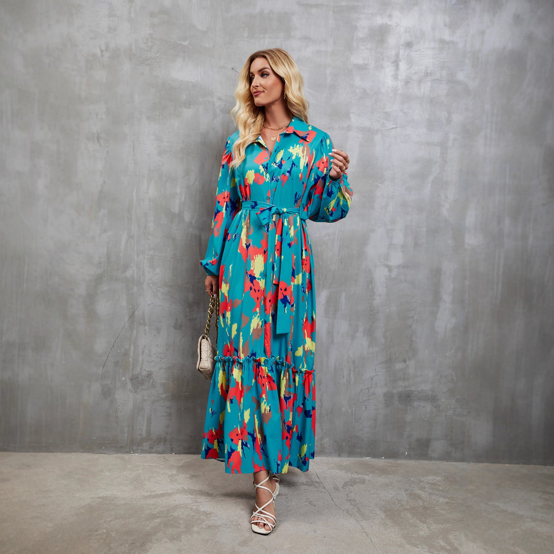 Damen Maxikleid mit farbenfrohem Floral-Design und elegantem Taillengürtel Drune