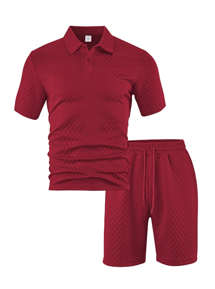 Herren nan eleganter Freizeit-Zweiteiler aus geprägtem Strick mit Polokragen Kurzarmshirt und Tunnelzug-Bermuda Drune