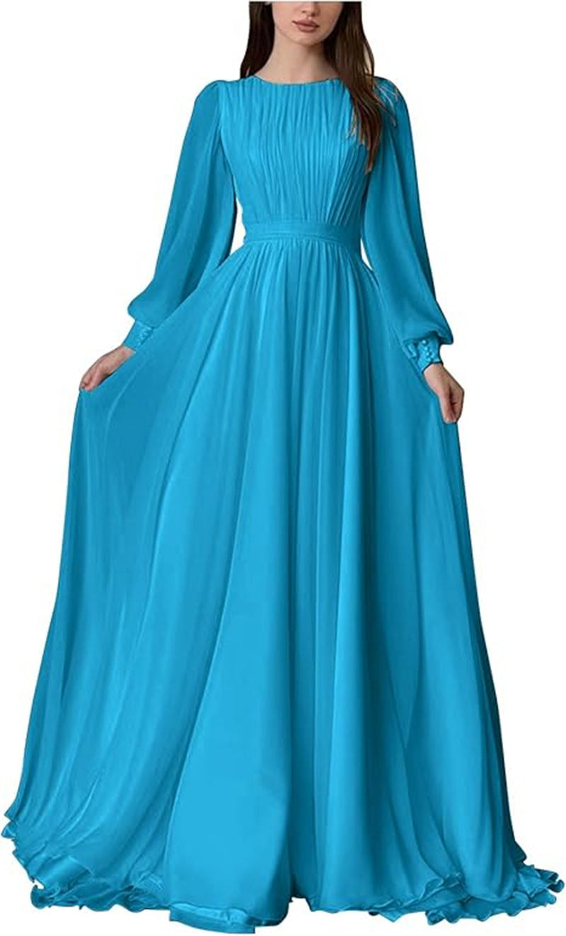 Damen Maxi-Party Kleid mit langen fließenden Ärmeln und Spitzenakzenten Drune