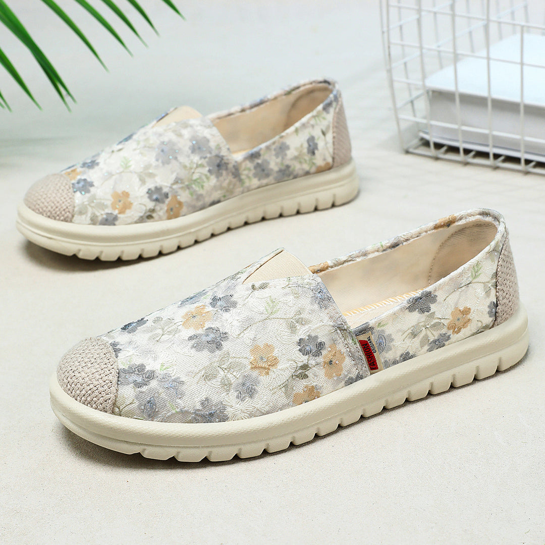 Damen nan floraler Slip-On Freizeit-Slipper mit gestrickter Zehenkappe und stoßdämpfender Leichtsohle Drune