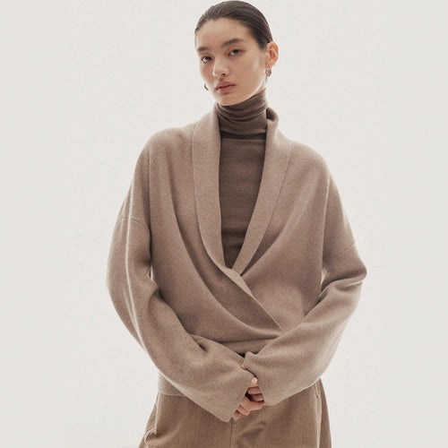 Damen Eleganter und weicher Wickelpullover aus hochwertiger Wolle Drune
