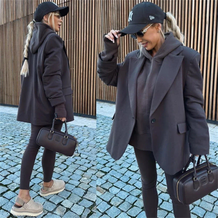 Damen modischer Blazer mit integrierter Kapuze und stilvoller Hose Drune