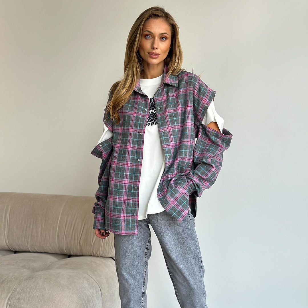 Damen Karomuster Overshirt mit einzigartigem Schnitt und modischem Detail Drune