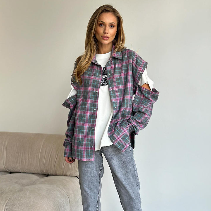 Damen Karomuster Overshirt mit einzigartigem Schnitt und modischem Detail Drune