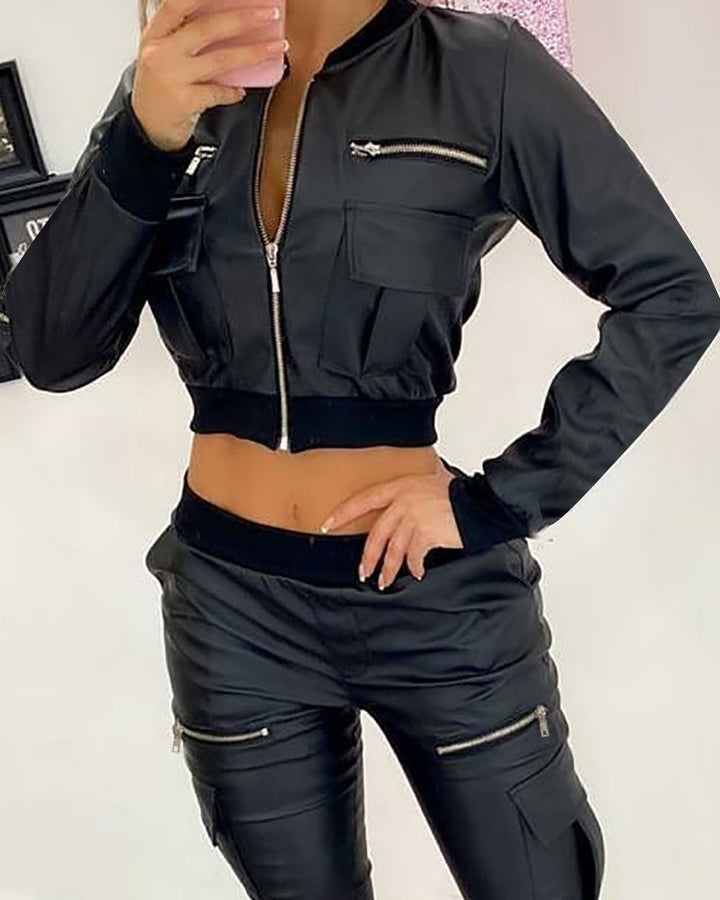 Damen Modischer Kurzjacke mit seitlichen Reißverschlusstaschen und sportlichem Bund Drune