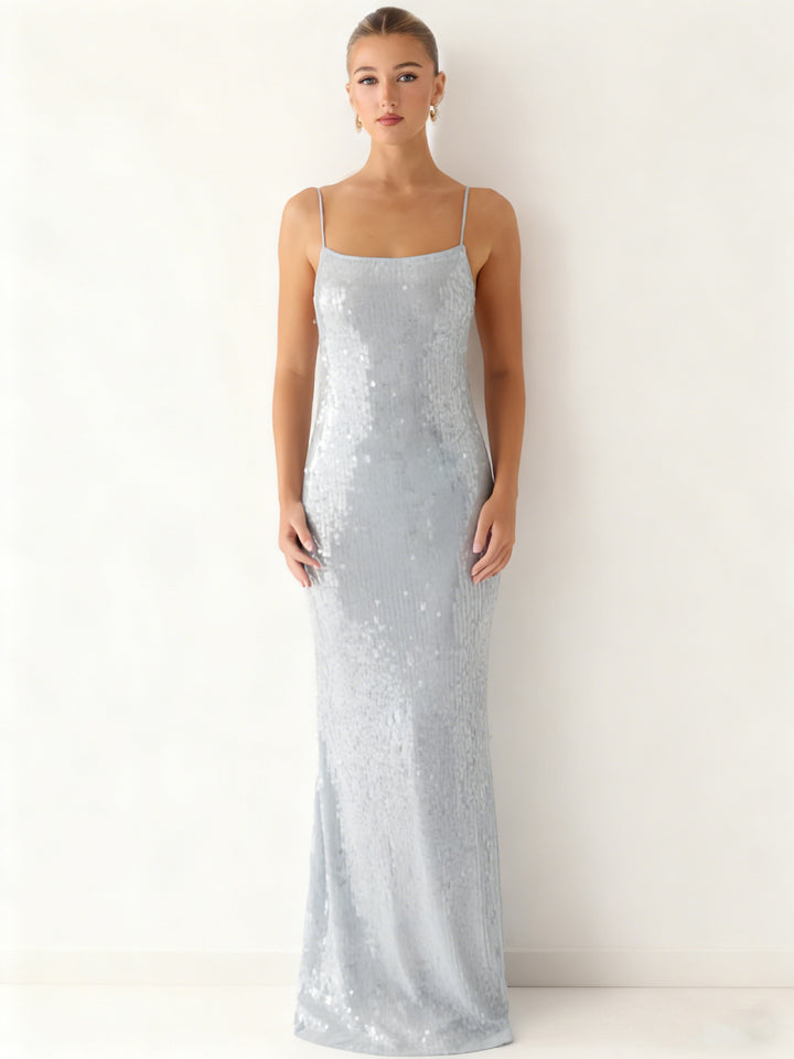 Damen Glamouröses Pailletten-Maxikleid mit schmalem Schnitt und feinen Spaghettiträgern Drune