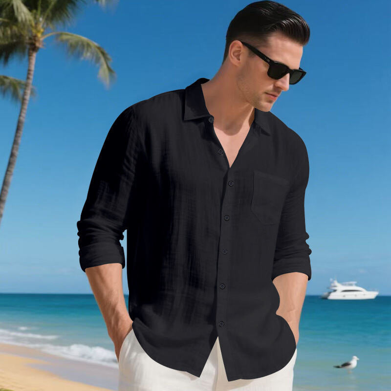 Herren nan Resort-Langarmhemd aus Leinenvoile mit offenem Kentkragen und aufgesetzter Brusttasche Drune