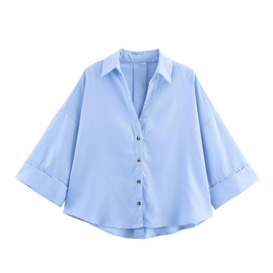 Damen nan lockere oversized Hemdbluse mit weitem Kragen und Dreiviertelärmeln Drune