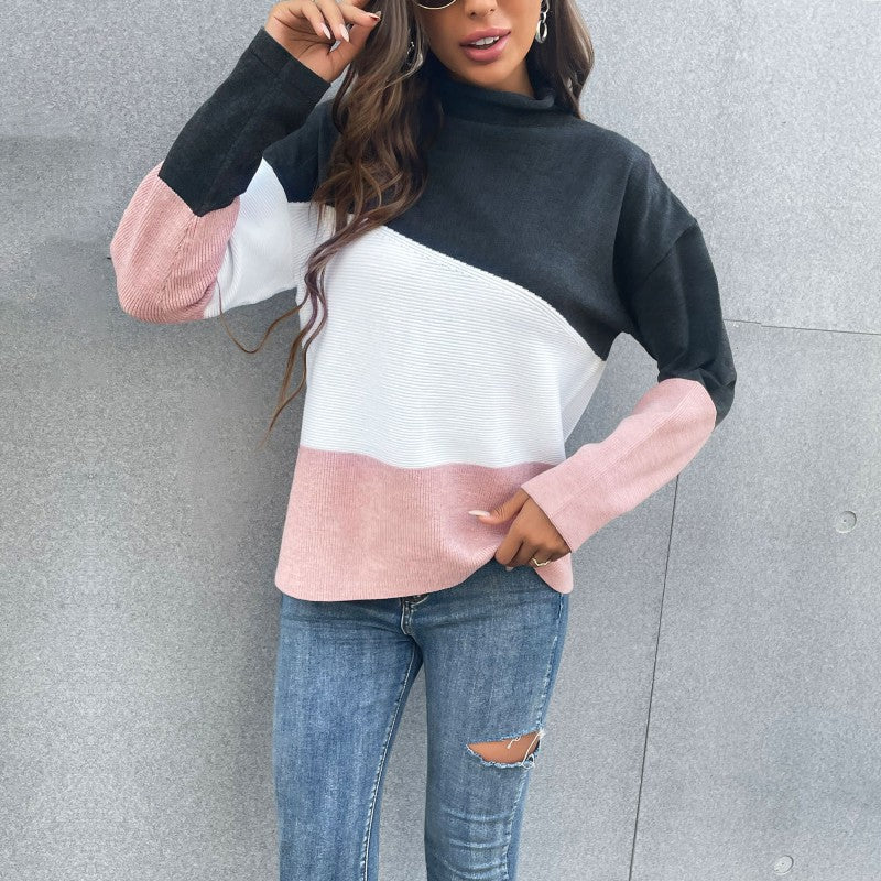 Damen Strickpullover mit modernem Farbblock-Design und hohem Kragen Drune