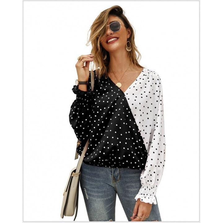 Damen Bluse mit asymmetrischem Punkten-Design und elastischen Ärmeln Drune