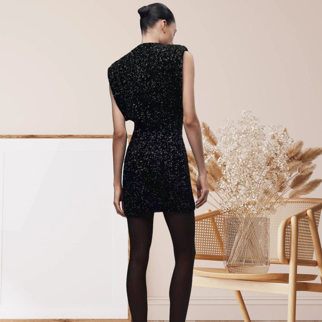 Damen Elegantes Cocktailkleid mit funkelndem Paillettendesign und hochgeschlossenem Stehkragen Drune