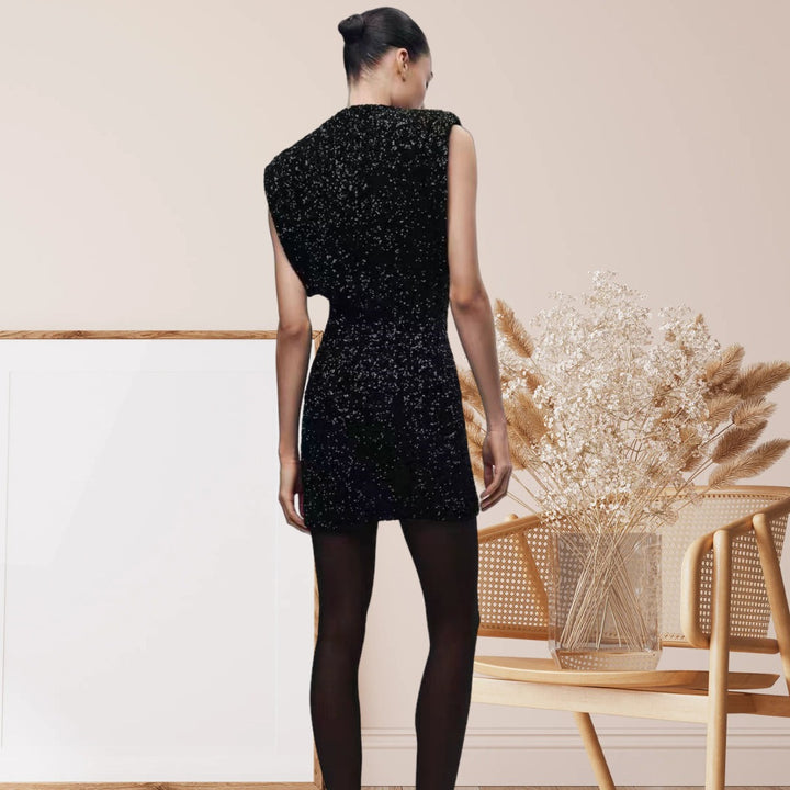 Damen Elegantes Cocktailkleid mit funkelndem Paillettendesign und hochgeschlossenem Stehkragen Drune