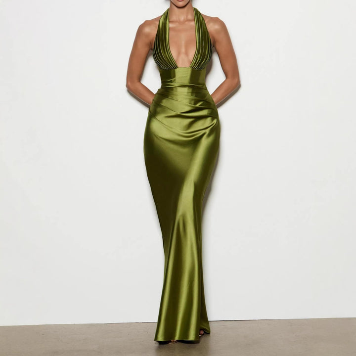 Damen Elegantes langes Abendkleid mit tiefem V-Ausschnitt Drune