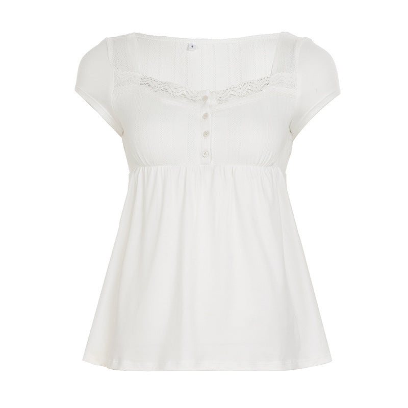 Damen lässiges T-Shirt mit Spitzenverzierung und Knopfdetails Drune