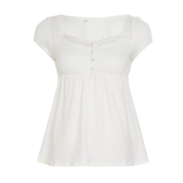 Damen lässiges T-Shirt mit Spitzenverzierung und Knopfdetails Drune