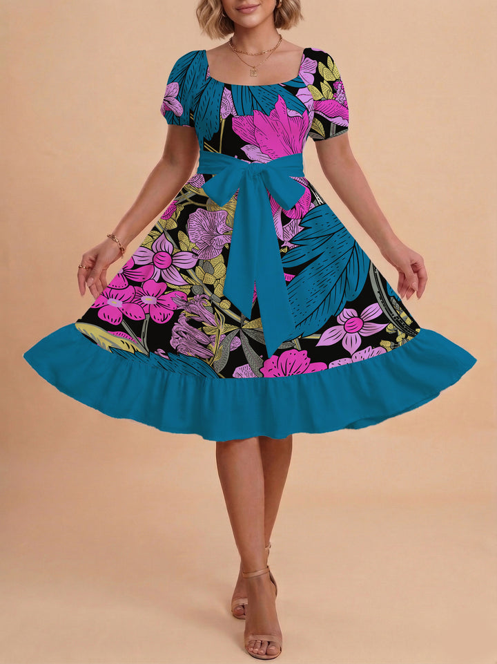 Damen modernes Blumenkleid mit elegantem Taillengürtel und asymmetrischem Saum Drune