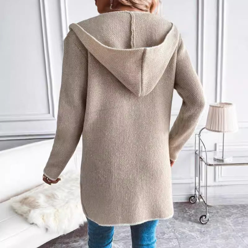 Damen Modische Strickjacke mit Kapuze und aufgesetzten Taschen Drune