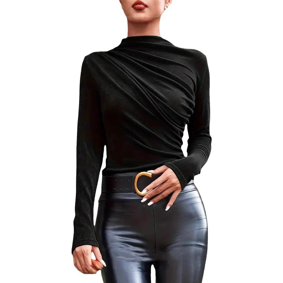Damen elegantes Langarmshirt mit luxuriösem Drapierungsdesign und schickem Stehkragen Drune