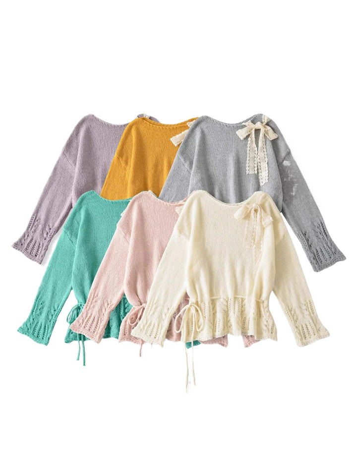Damen stylisches Strickoberteil mit eleganter Raffinesse und Bindebändern Drune